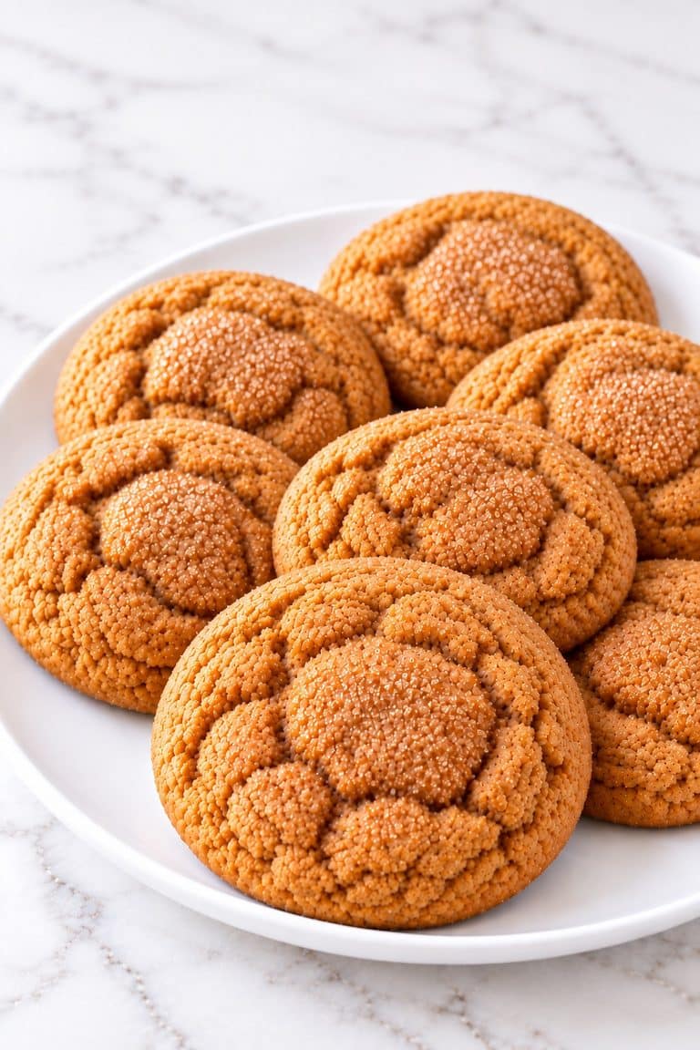 Pumpkin spice cookies with crackled sugar-coated tops arranged on a white plate over pale marble, photographed in bright natural daylight.