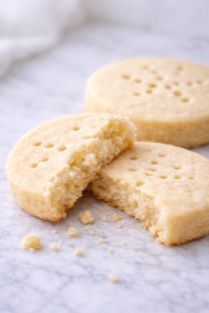 close up of shortbread cookie crumb showing buttery texture