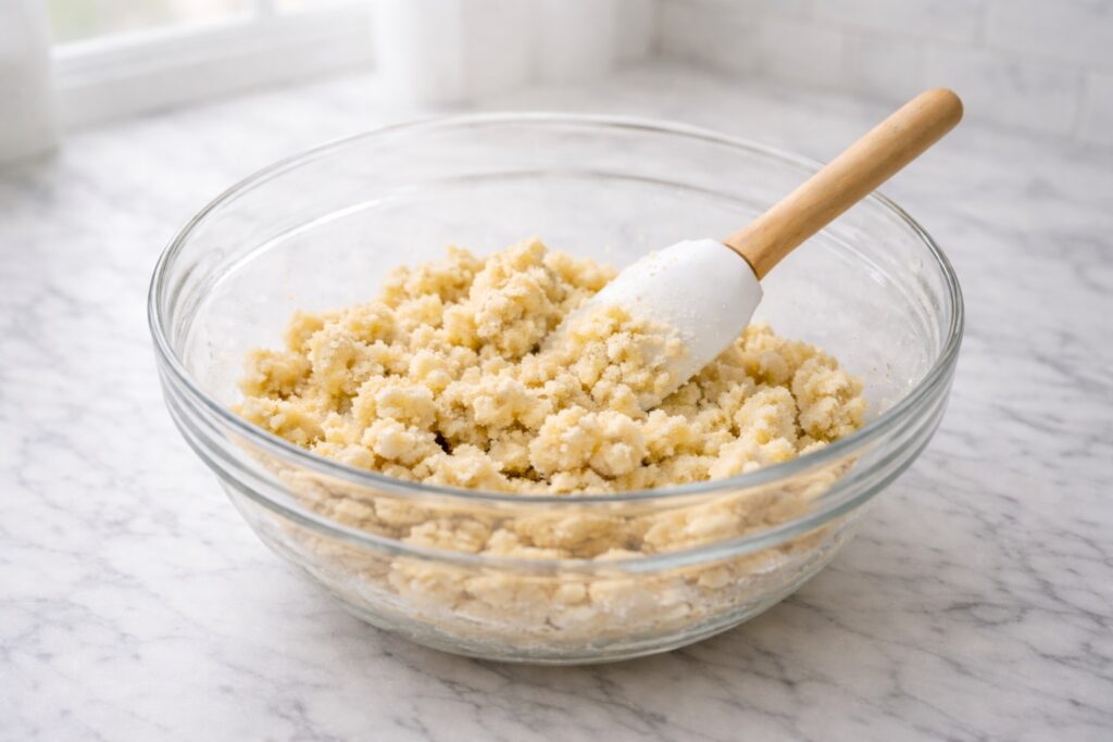 crumbly shortbread cookie dough mixture in glass bowl