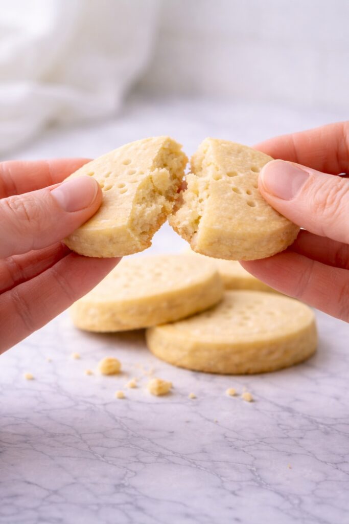 hands breaking a buttery shortbread cookie showing crumb texture