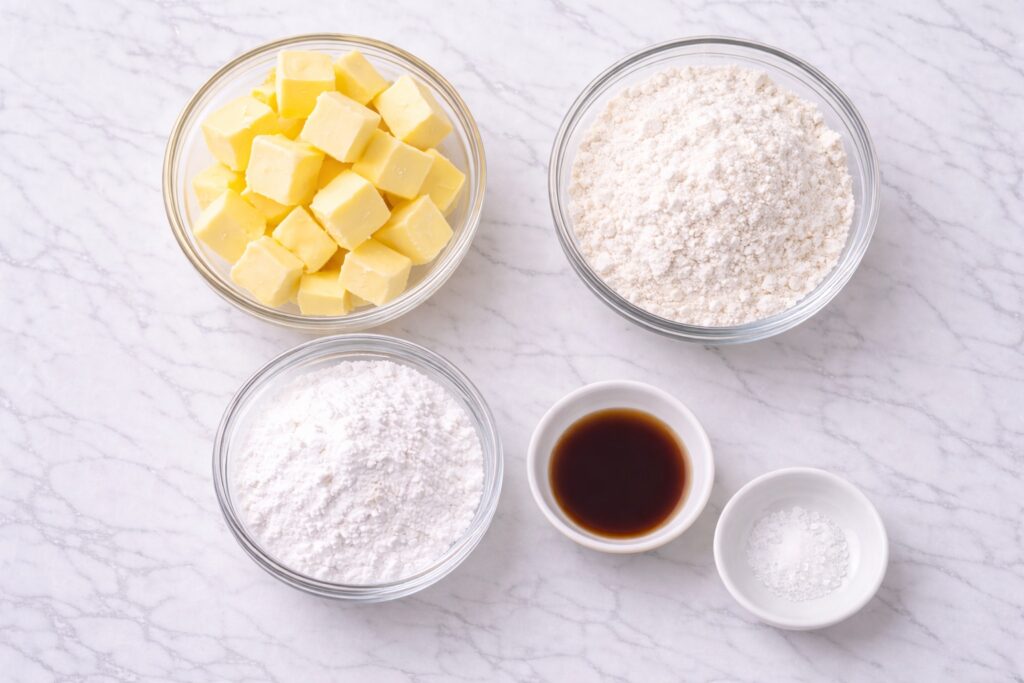 ingredients for shortbread cookies butter flour powdered sugar vanilla and salt