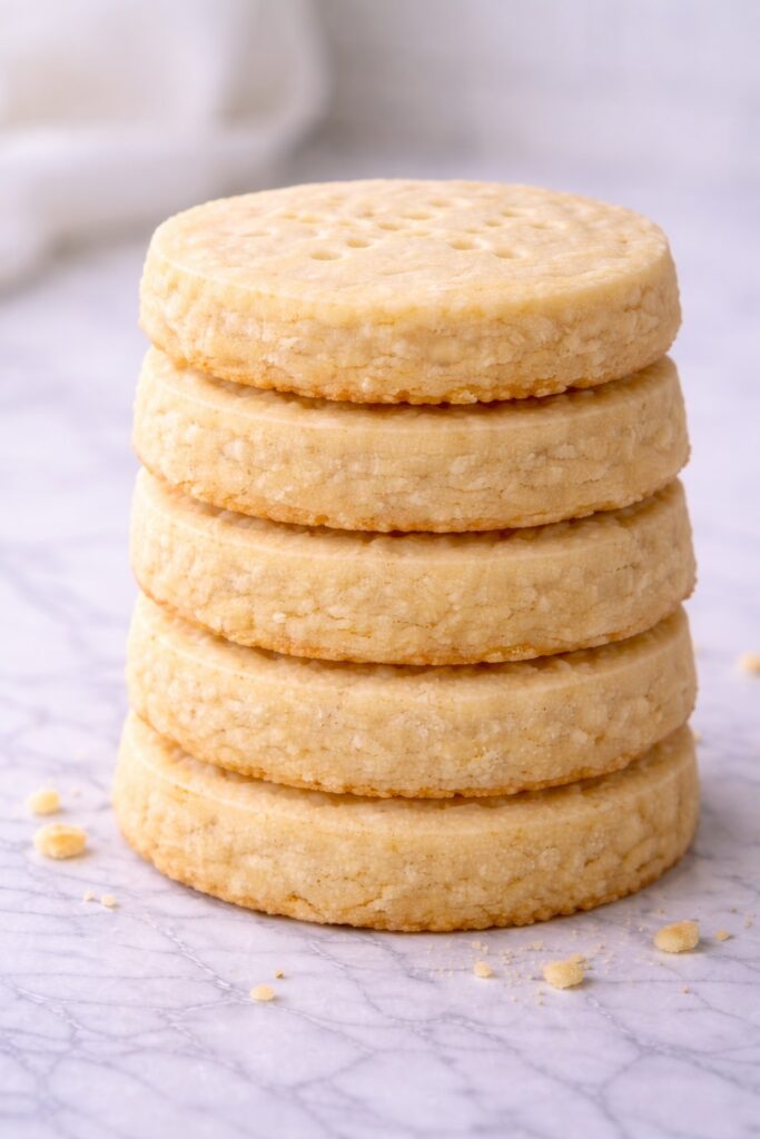 stack of classic buttery shortbread cookies with fork marks close up
