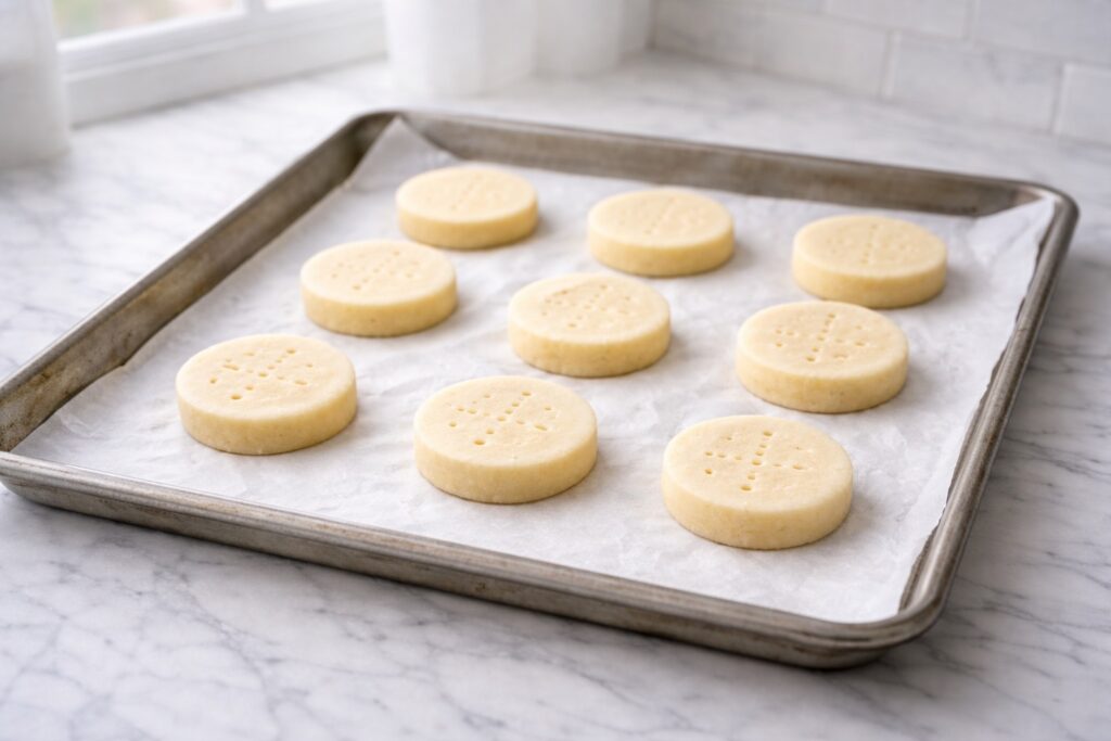 unbaked shortbread cookies with fork marks on parchment lined baking sheet