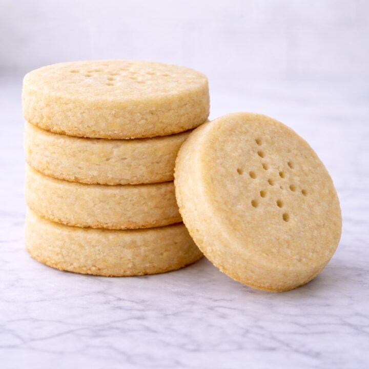 shortbread cookies recipe card with measurements and baking instructions