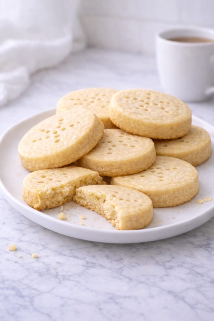 plate of classic shortbread cookies served with tea