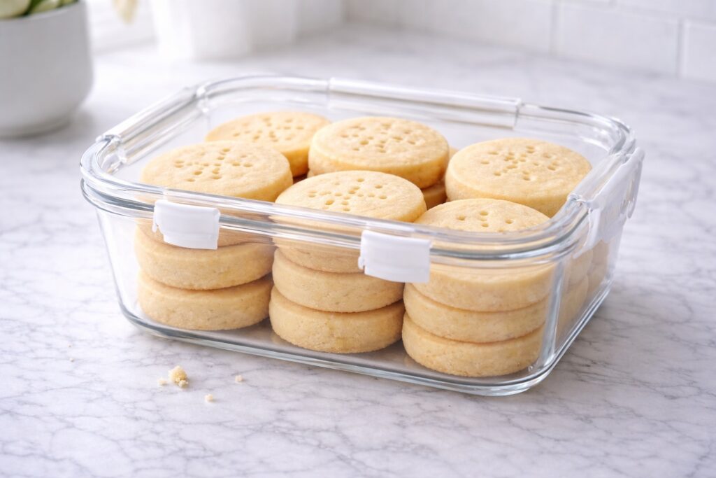 shortbread cookies stored in airtight glass container