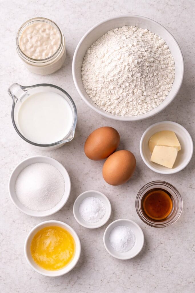 Sourdough discard pancake ingredients (unfed starter, flour, egg, milk, baking powder, baking soda)