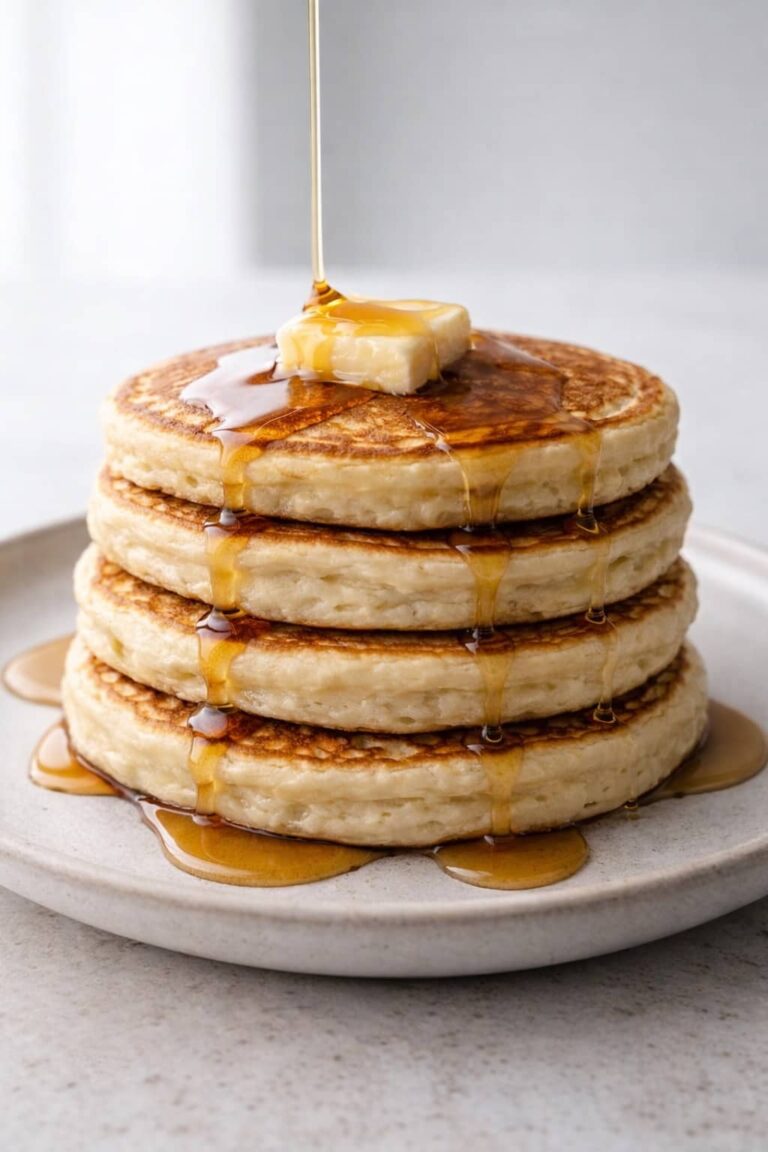 Fluffy sourdough discard pancakes stacked with melting butter and maple syrup