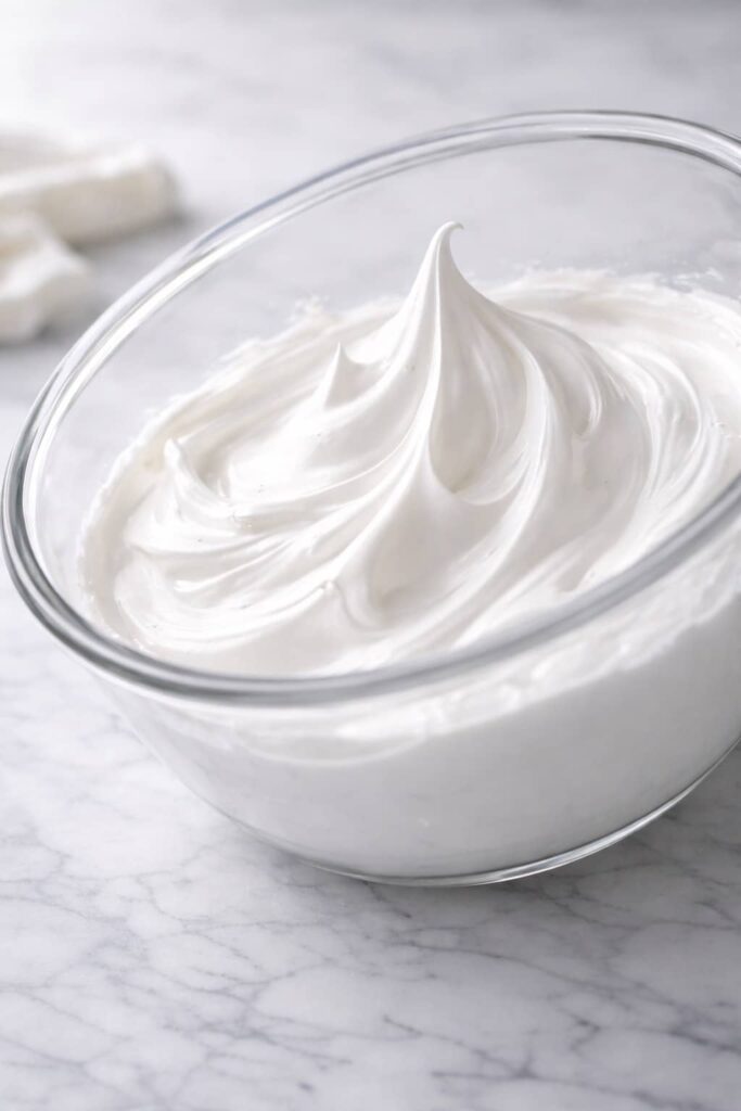 Stiff glossy meringue peaks holding shape in a glass mixing bowl on white marble surface