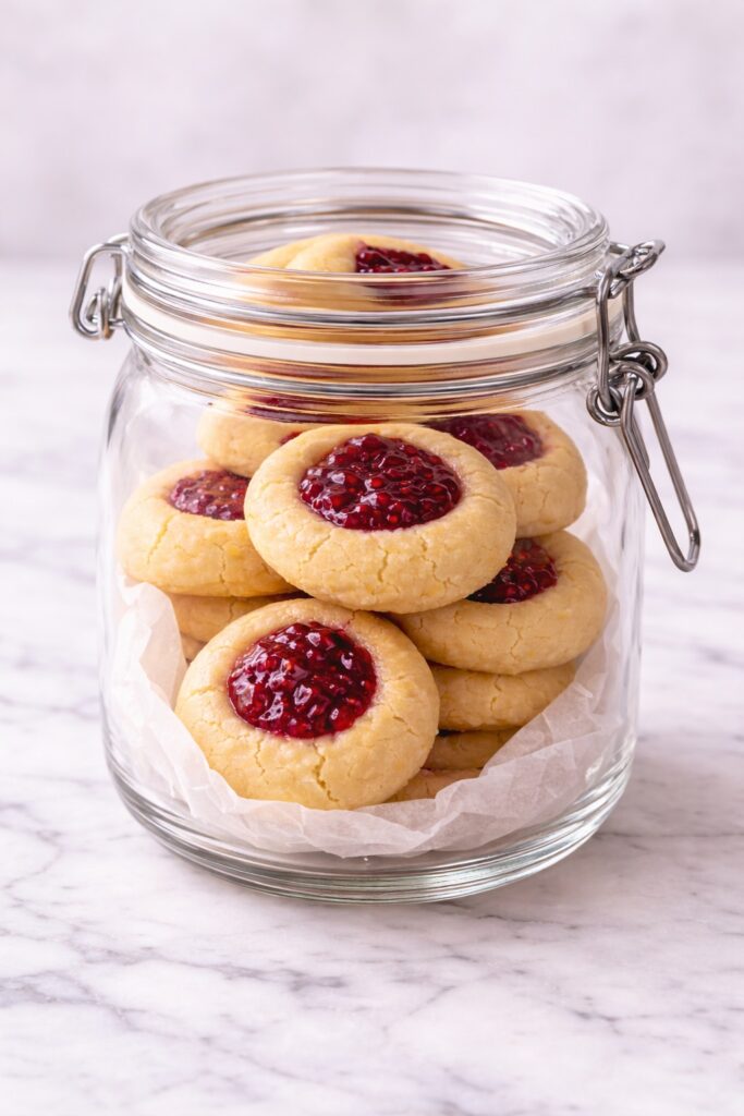 thumbprint cookies stored in airtight glass jar