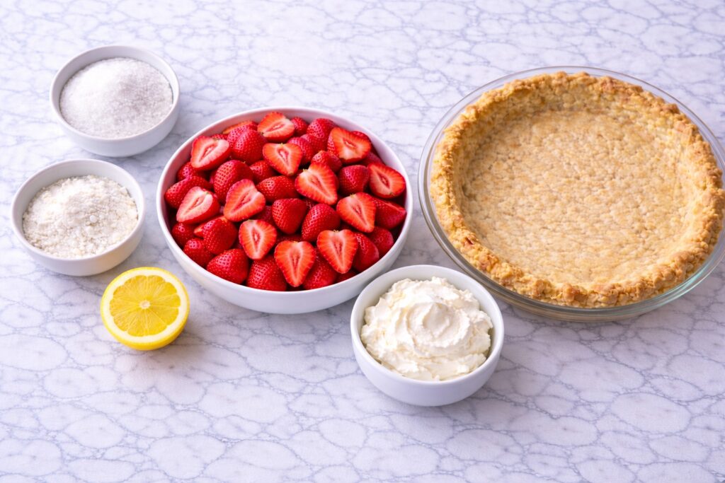 ingredients for strawberry pie including halved strawberries sugar cornstarch lemon whipped cream and baked pie crust