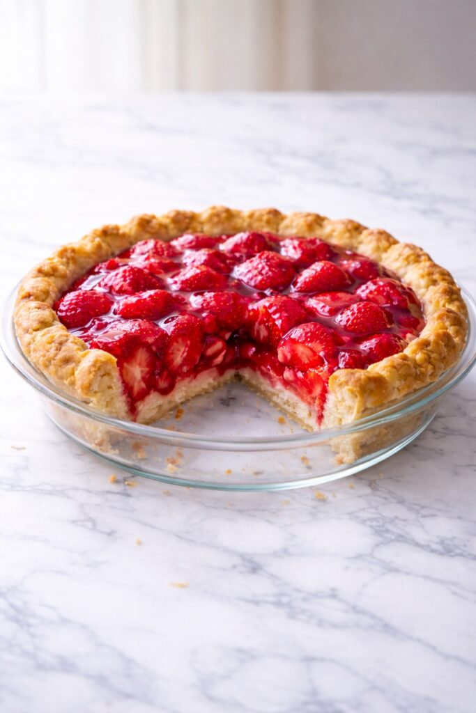 homemade strawberry pie with glossy fresh strawberries in flaky pie crust with one slice removed