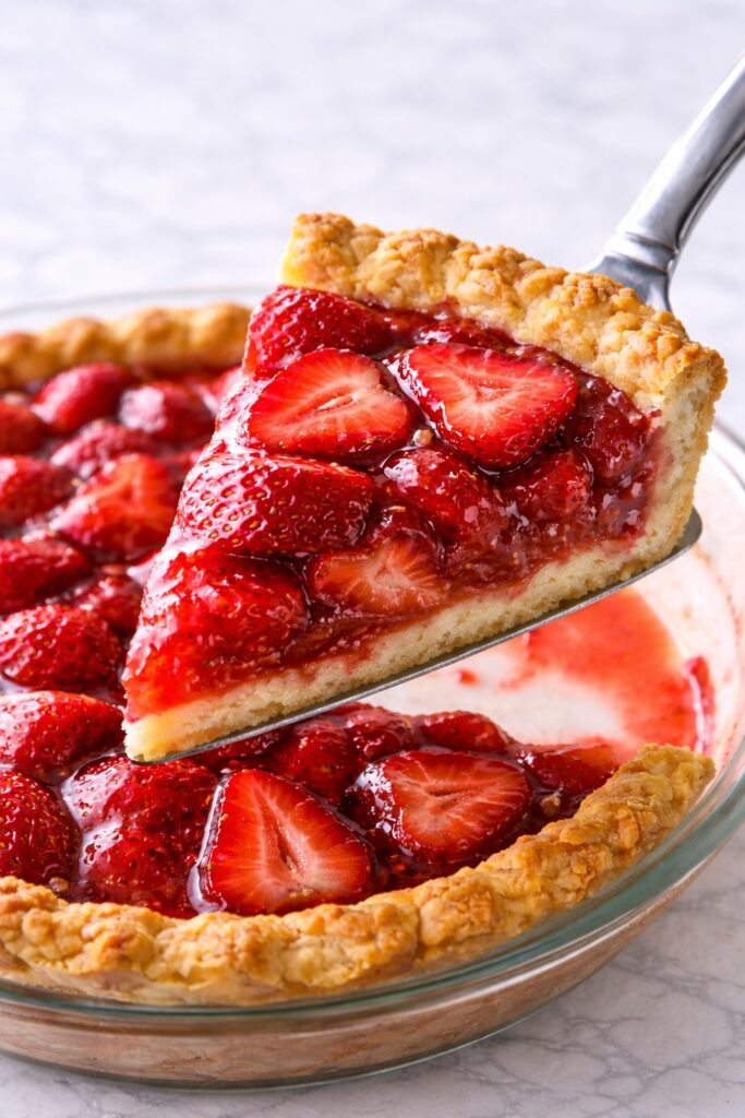 slice of strawberry pie lifted from pie dish showing glossy strawberry filling and flaky crust