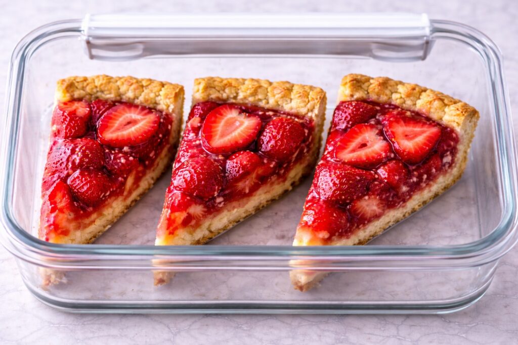 strawberry pie slices stored in airtight glass container in refrigerator