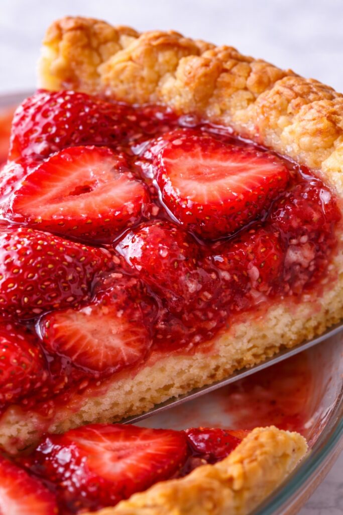 macro close up of strawberry pie filling with glossy strawberries and flaky crust texture