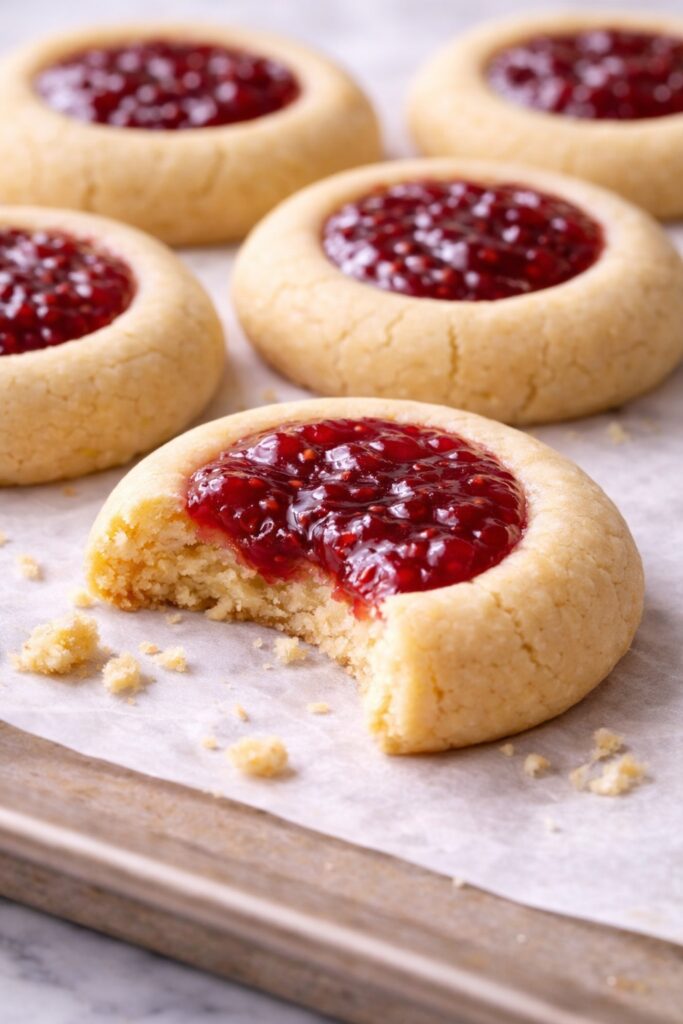 raspberry thumbprint cookie broken open showing soft buttery texture
