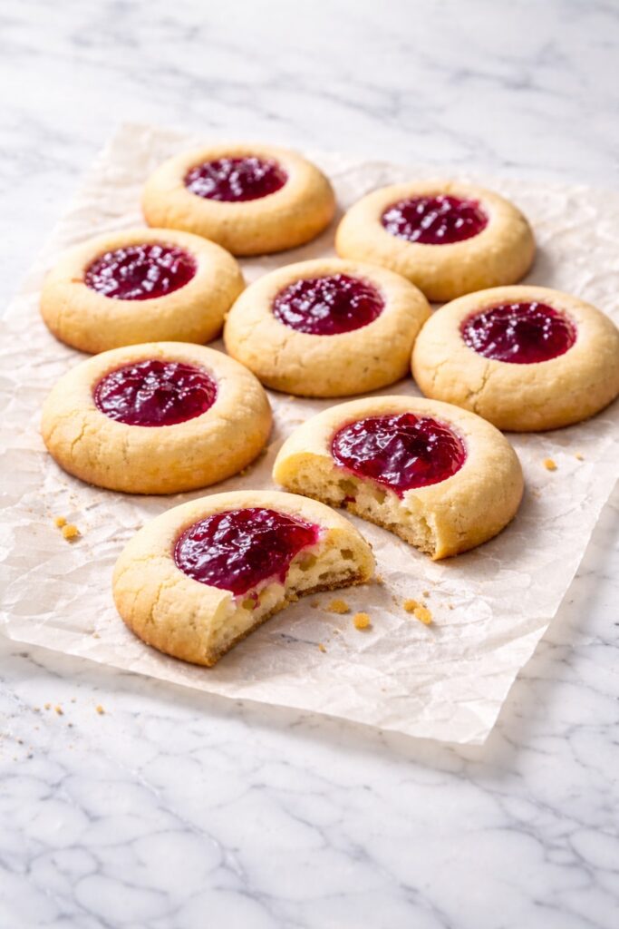 classic raspberry thumbprint cookies with glossy jam centers