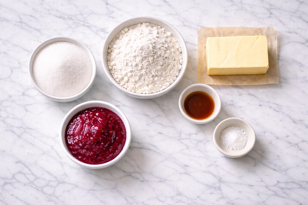 ingredients for thumbprint cookies including butter sugar flour vanilla and raspberry jam