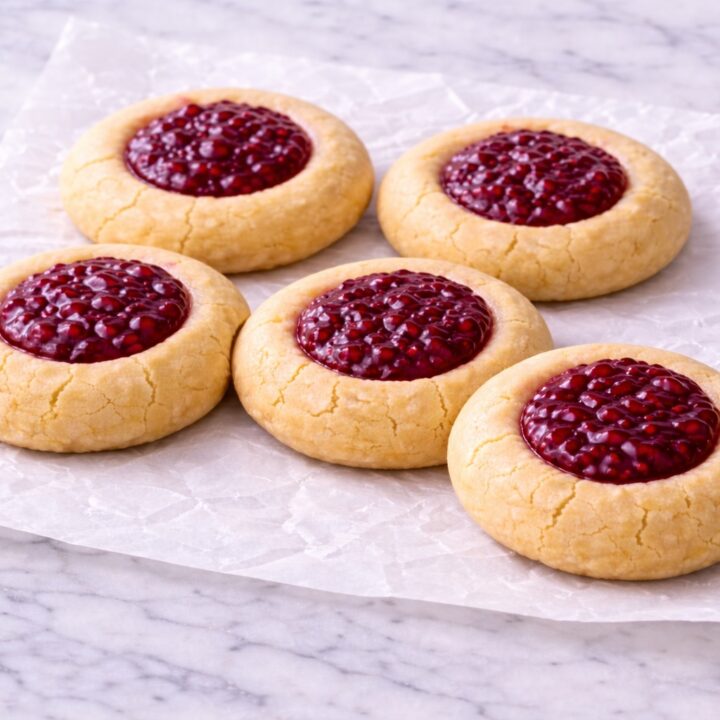 classic raspberry thumbprint cookies on parchment paper