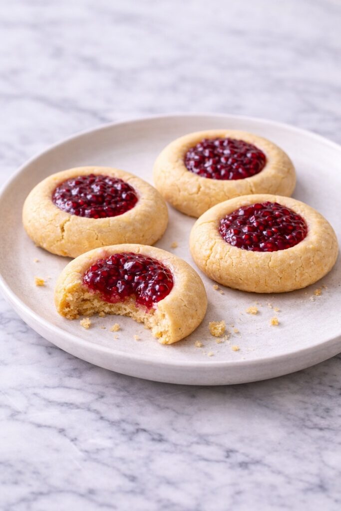raspberry thumbprint cookies served on a plate with one cookie bitten