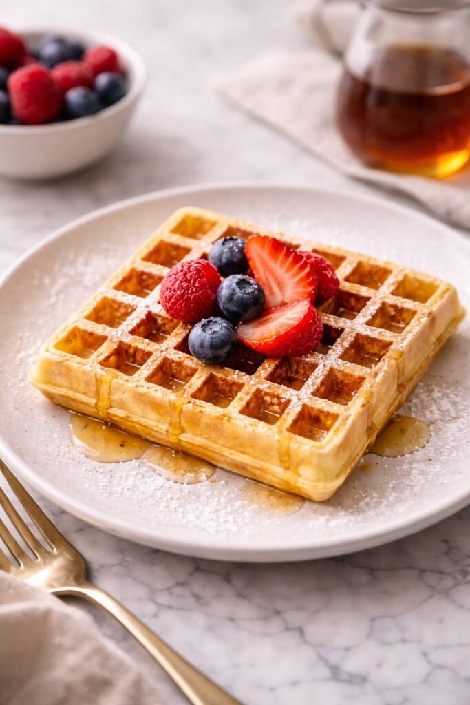 Golden waffle topped with fresh berries and powdered sugar on a white plate.