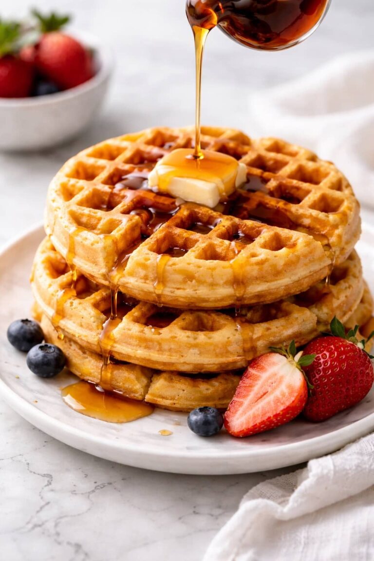 Golden homemade waffles stacked with maple syrup and melting butter on white marble background.