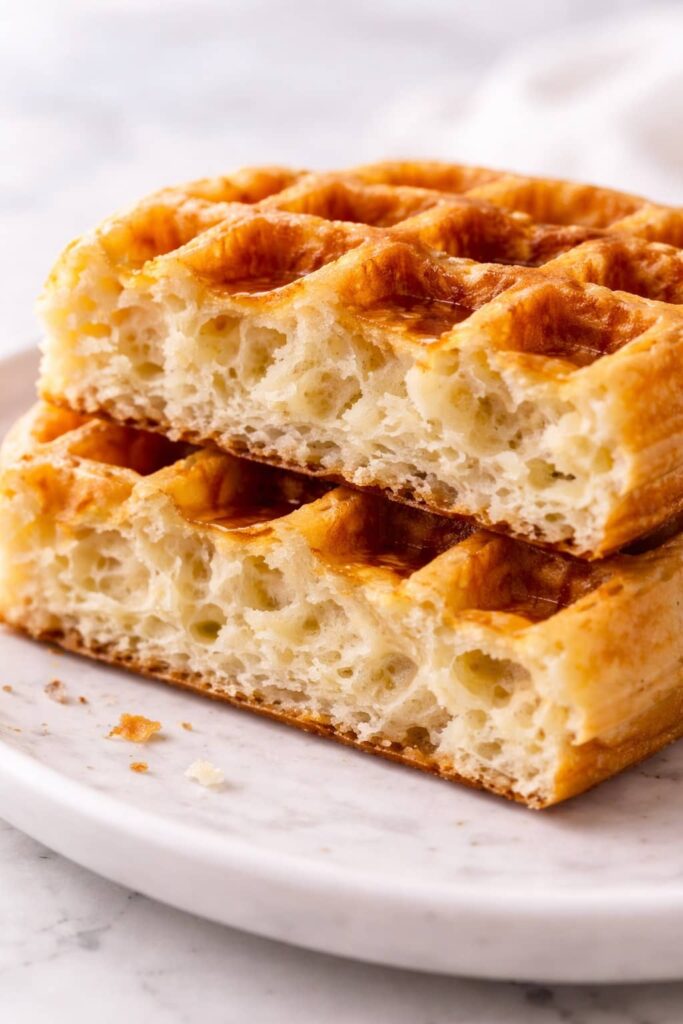 Close-up of fluffy waffle interior showing airy texture and crispy golden crust.