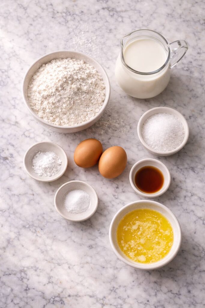Ingredients for homemade waffle recipe arranged on white marble surface.