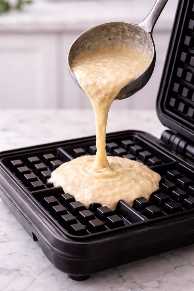Golden waffle batter being poured into a hot waffle iron with subtle steam rising.