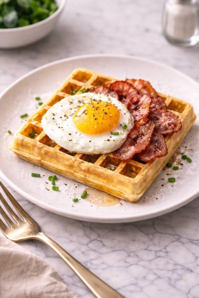 Savory waffle topped with sunny side up egg and crispy bacon on white plate.