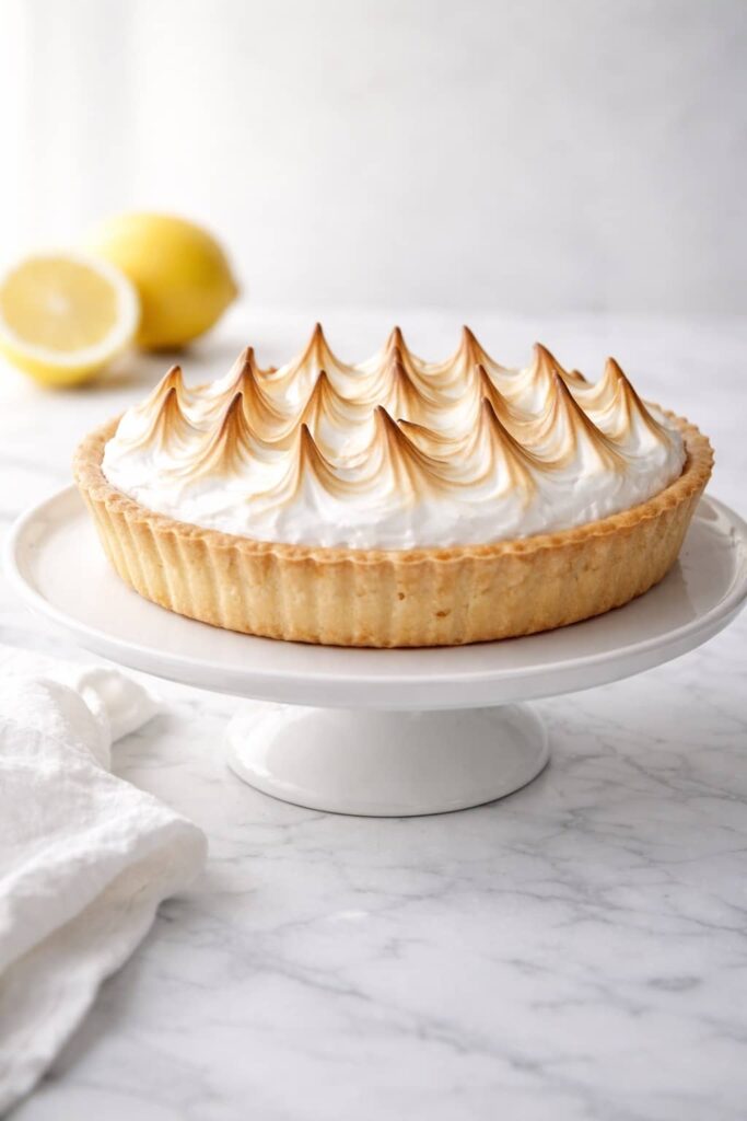 Whole lemon meringue pie with tall golden toasted peaks on a white cake stand over white marble surface