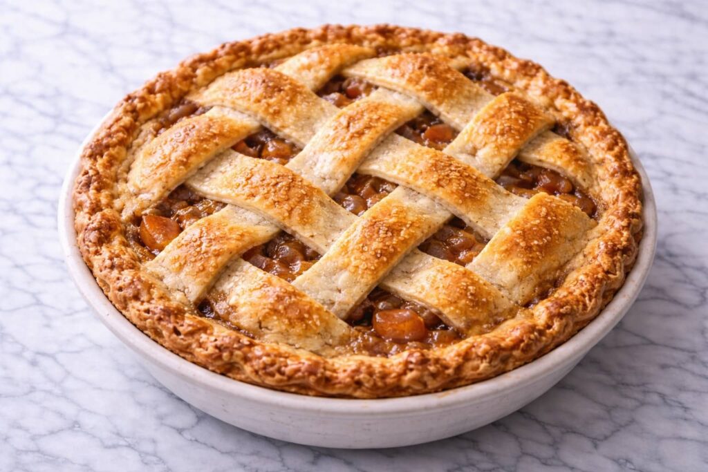 freshly baked lattice apple pie with golden crust and cinnamon apple filling