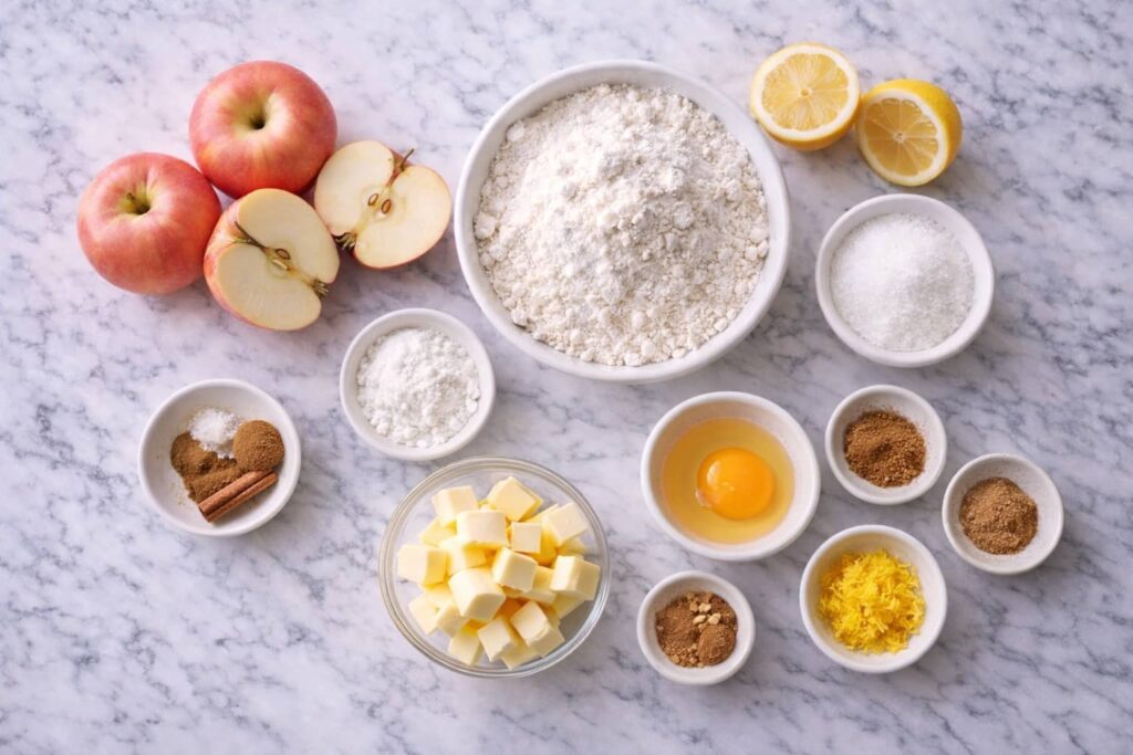 ingredients for homemade apple pie including apples flour butter sugar cornstarch lemon cinnamon nutmeg and egg