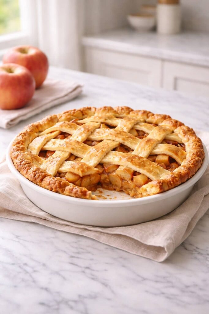 homemade lattice apple pie recipe with flaky golden crust and cinnamon apple filling