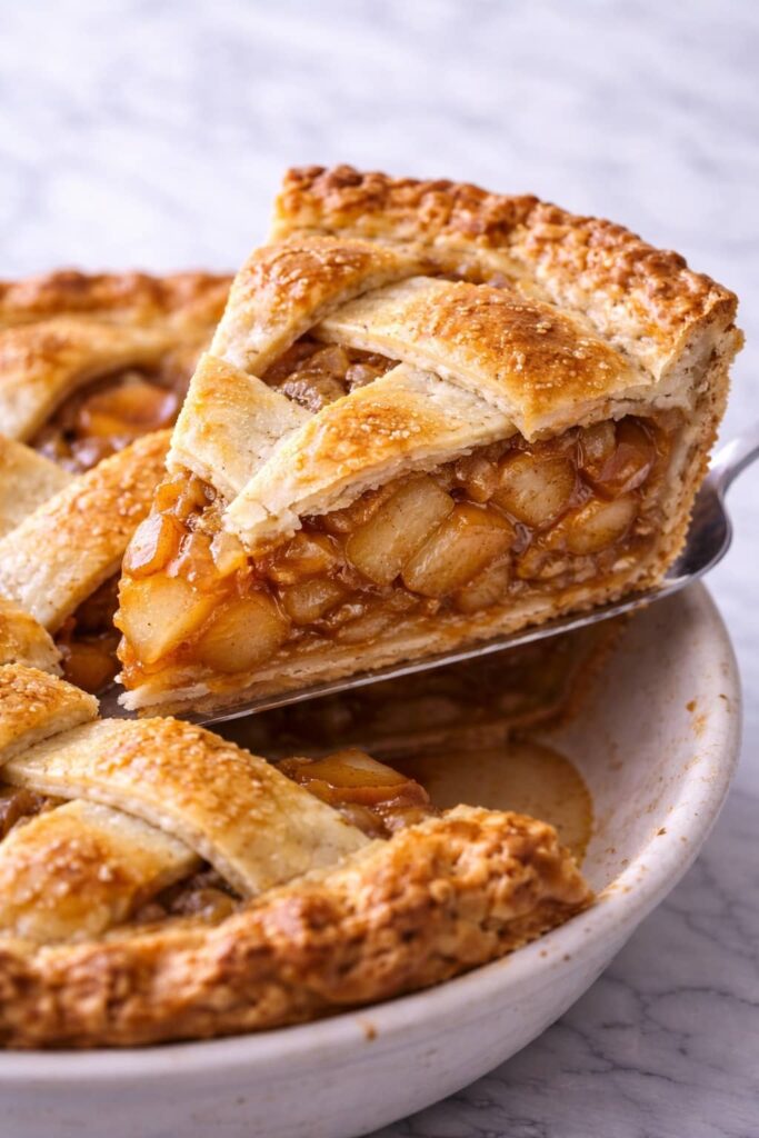 slice of homemade lattice apple pie showing cinnamon apple filling and flaky crust