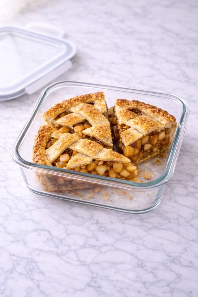 leftover apple pie slices stored in airtight glass container on marble countertop