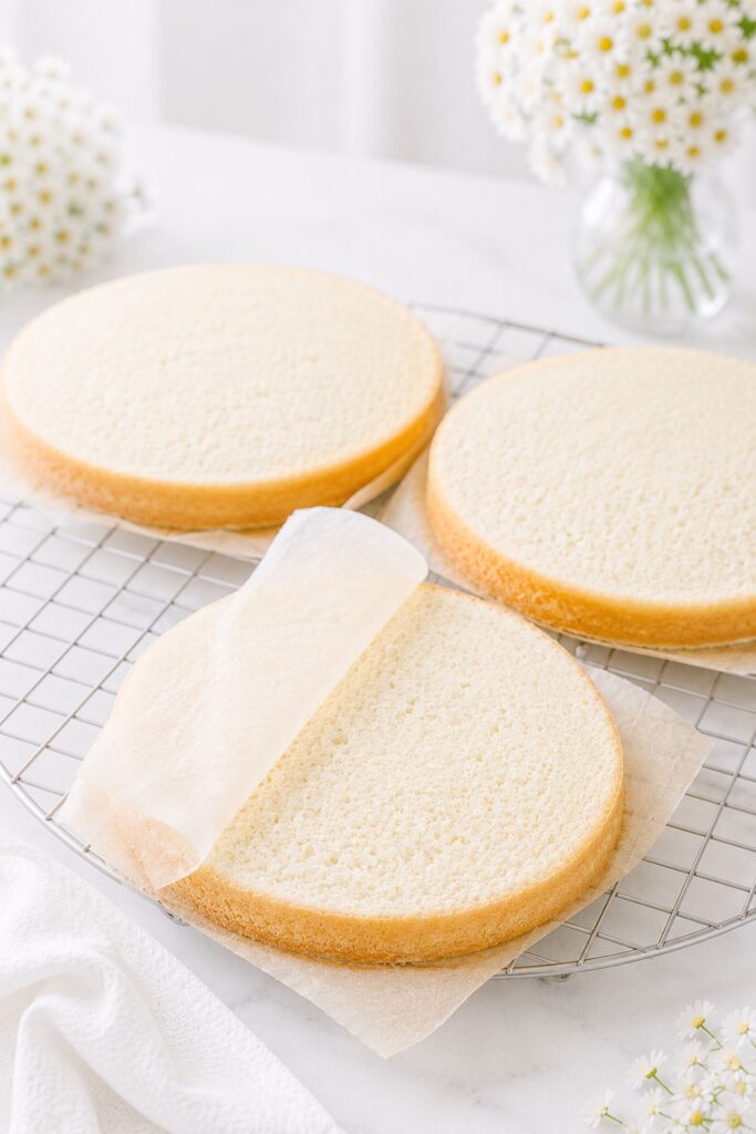Cake layers cooling on rack
