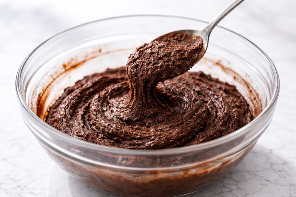 Chocolate cookie dough thick and sticky texture in mixing bowl