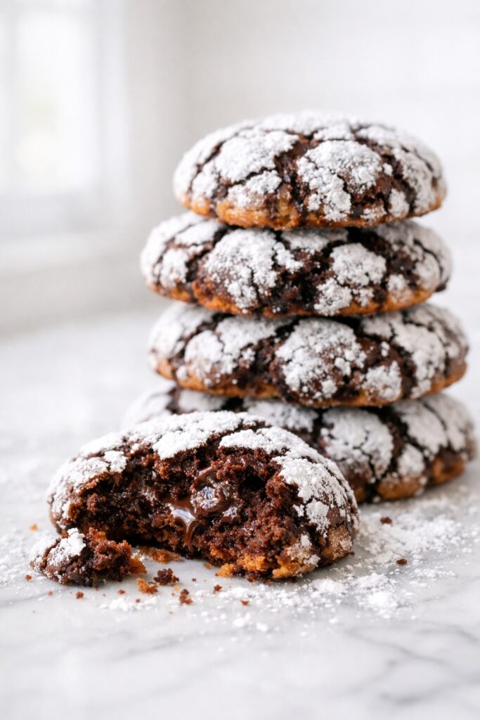 Chocolate crinkle cookies with powdered sugar and crackled tops on white plate