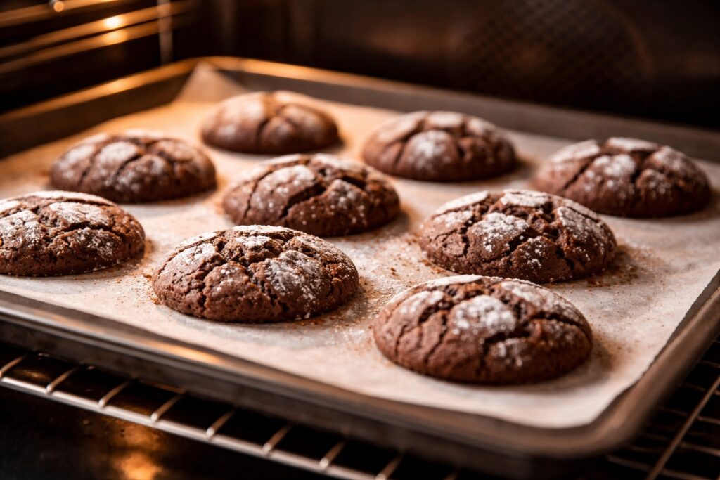 Chocolate crinkle cookies baking in oven with cracks forming on top