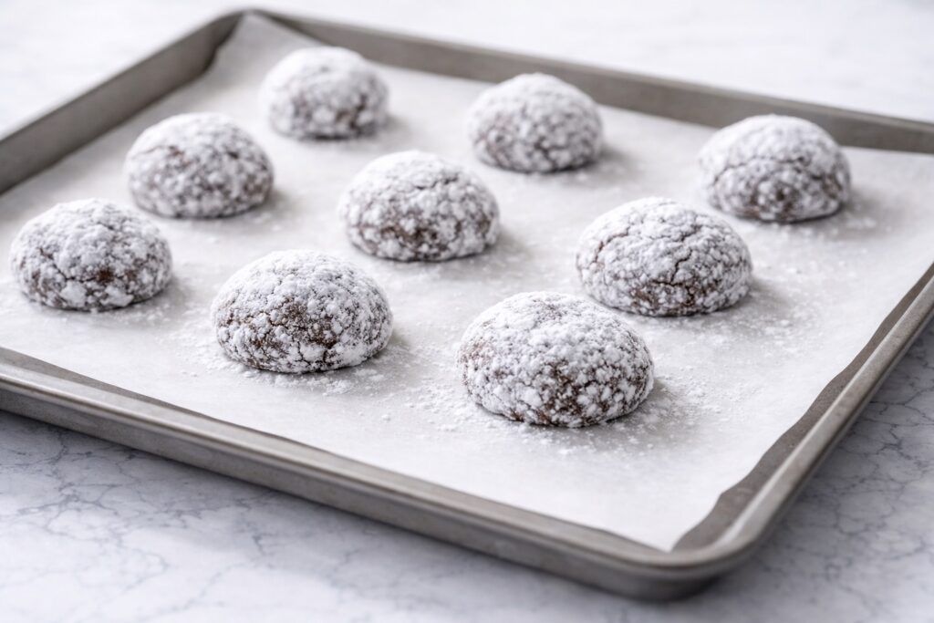 Chocolate crinkle cookie dough balls coated in powdered sugar on baking tray before baking