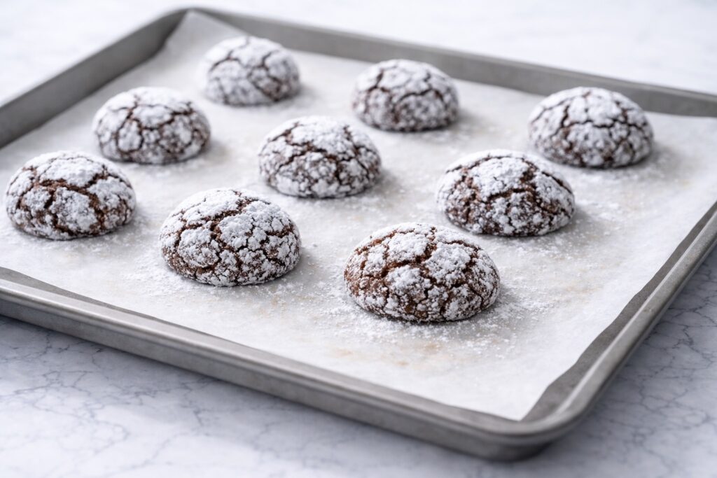 Freshly baked chocolate crinkle cookies with crackled tops on baking tray