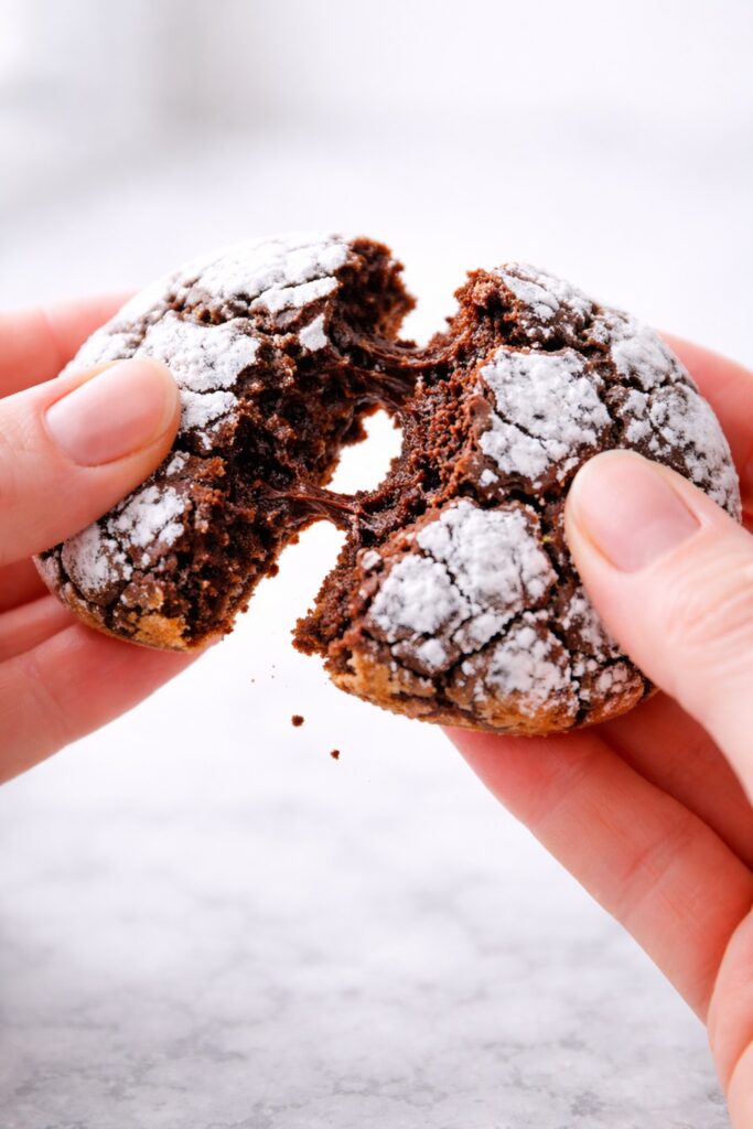 Chocolate crinkle cookie being broken open showing soft fudgy interior