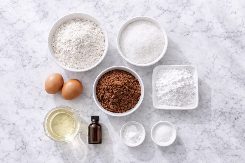 Ingredients for chocolate crinkle cookies arranged on marble surface