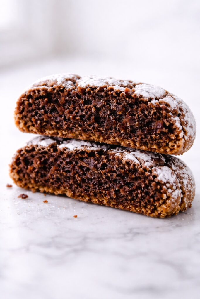 Close-up of chocolate crinkle cookie interior showing dense fudgy crumb