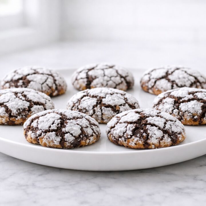 Chocolate crinkle cookies recipe card image with powdered sugar coating
