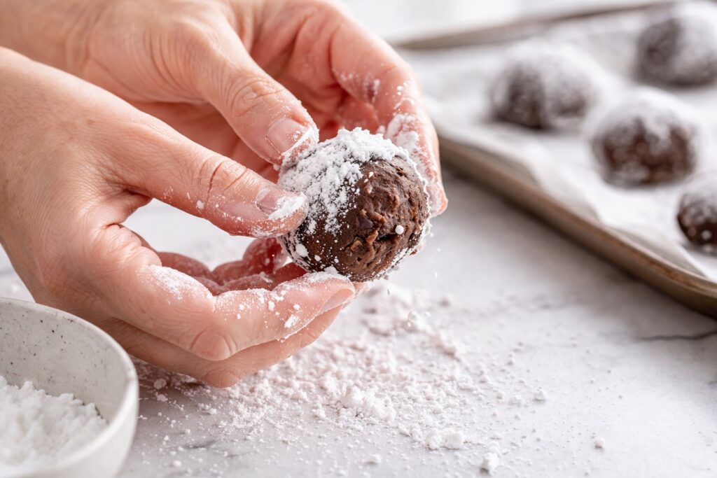 Rolling chocolate cookie dough balls in powdered sugar before baking