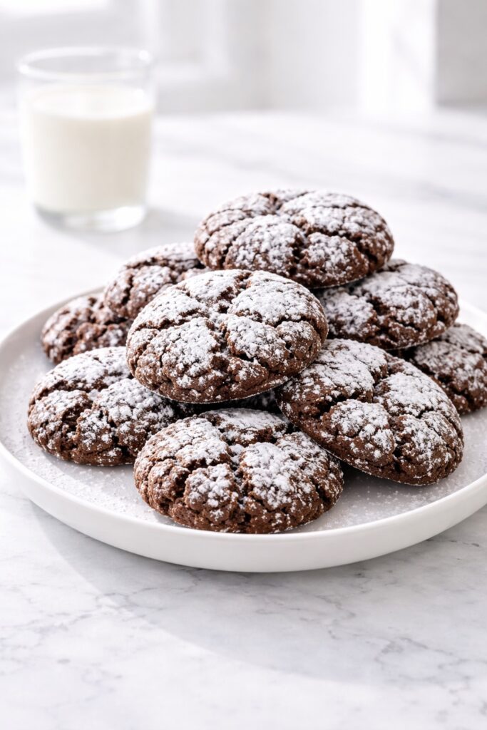 Chocolate crinkle cookies served on plate with glass of milk