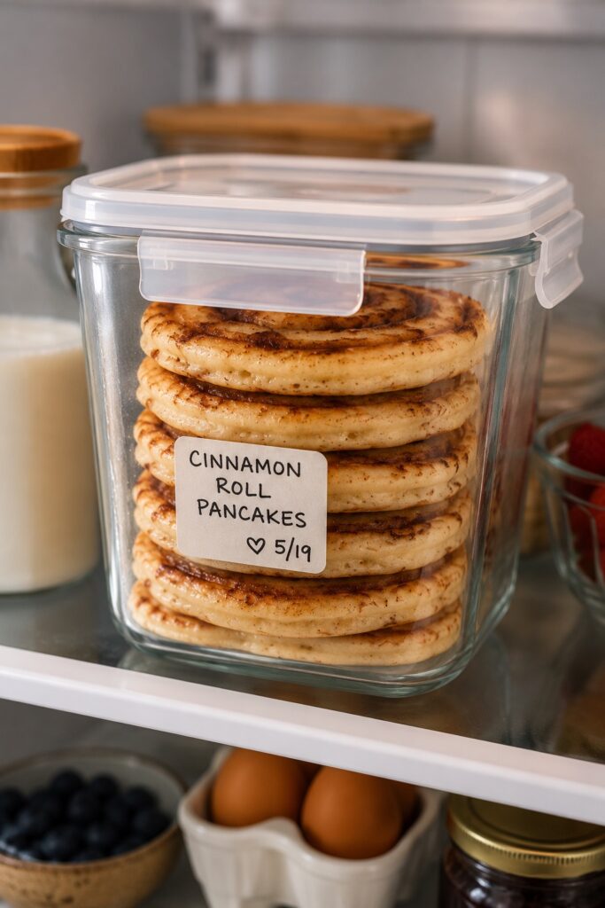 Cinnamon Roll Pancakes Stored in Fridge