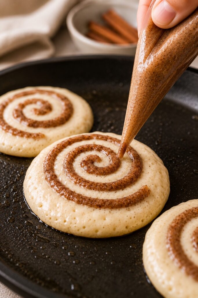 Cinnamon Roll Pancakes Piping Cinnamon Swirl